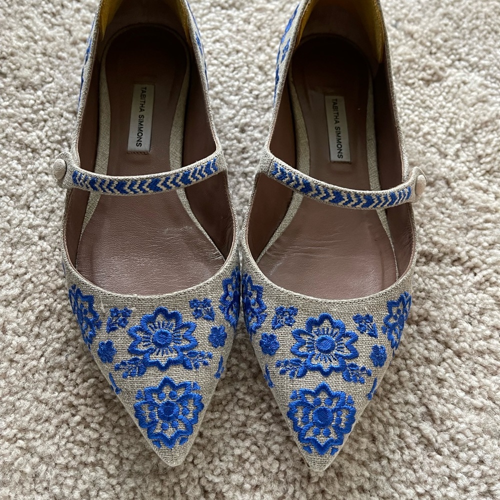 Tabitha Simmons Blue Floral Embroidered Women's Shoes 37 Mary Jane